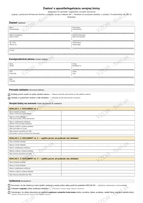 Náhľad tlačiva Žiadosť o apostille/legalizáciu dokladu o vzdelaní