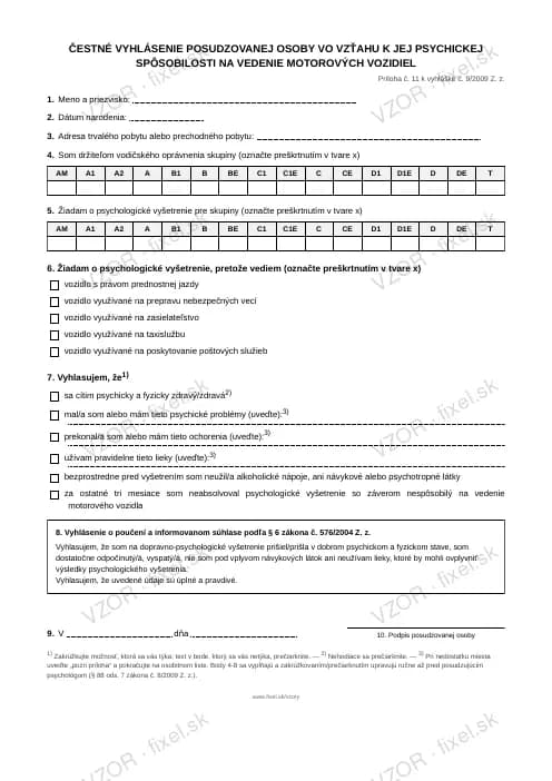Náhľad tlačiva Čestné vyhlásenie o psychickej spôsobilosti na vedenie vozidla (pre psychológa)