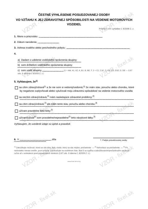 Náhľad tlačiva Čestné vyhlásenie o zdravotnej spôsobilosti na vedenie vozidla (pre lekára)