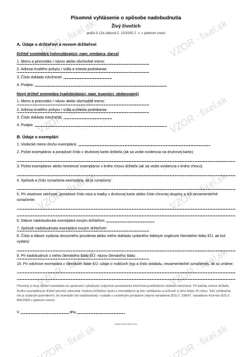 Náhľad tlačiva CITES — vyhlásenie o nadobudnutí živého živočícha