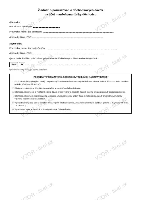 Náhľad tlačiva Poukazovanie dôchodku na účet manžela/manželky