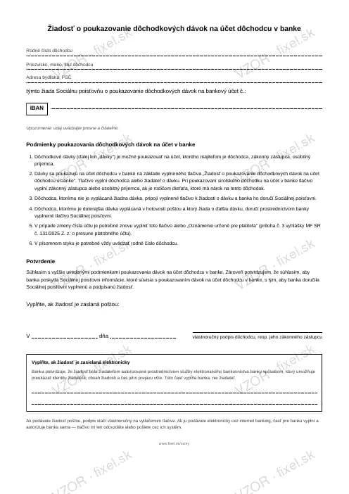 Náhľad tlačiva Poukazovanie dôchodku na vlastný bankový účet