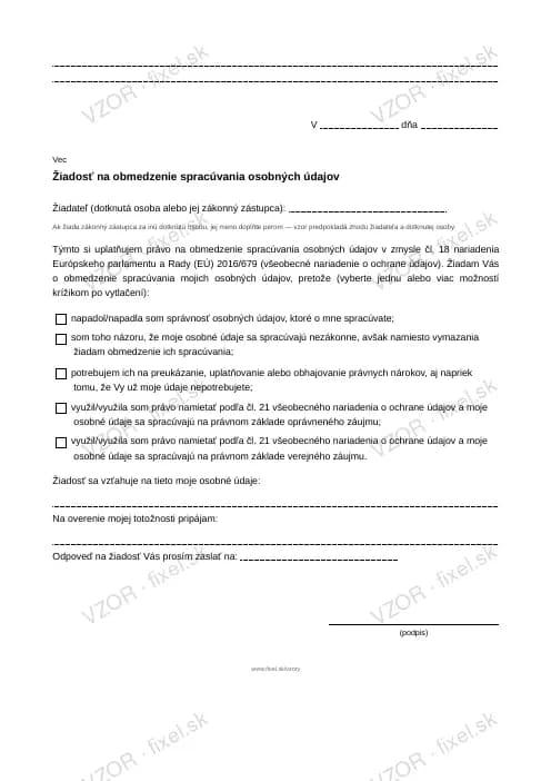 Náhľad tlačiva Žiadosť na obmedzenie spracúvania osobných údajov