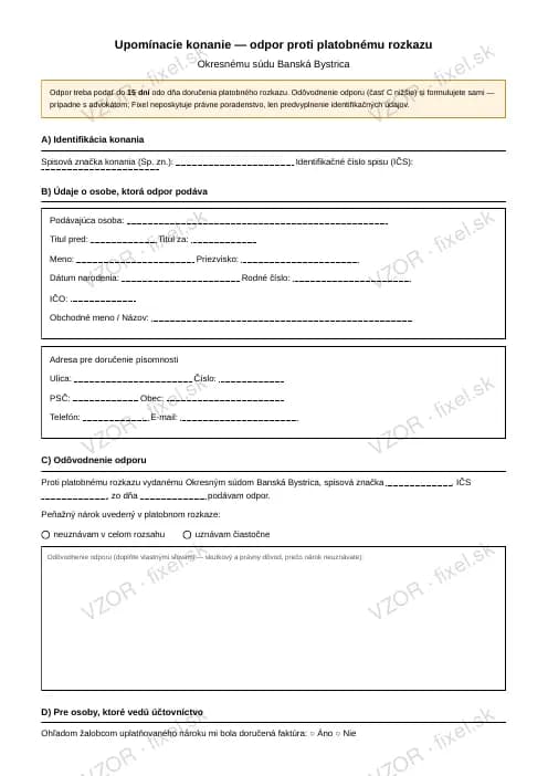 Náhľad tlačiva Odpor proti platobnému rozkazu (upomínacie konanie)