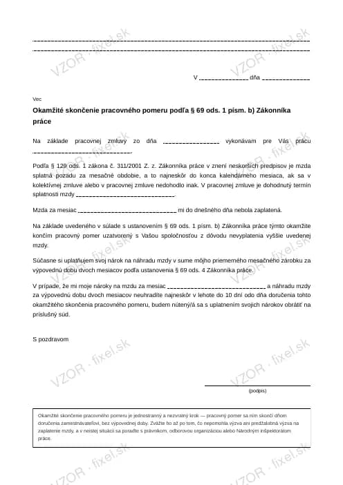 Náhľad tlačiva Okamžité skončenie pracovného pomeru pre nevyplatenie mzdy
