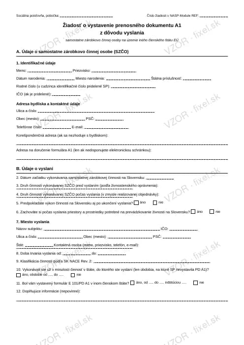 Náhľad tlačiva Žiadosť o prenosný dokument A1 pre SZČO vyslanú do zahraničia