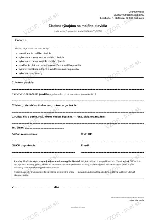 Náhľad tlačiva Žiadosť týkajúca sa malého plavidla (evidencia, zmena, duplikát)