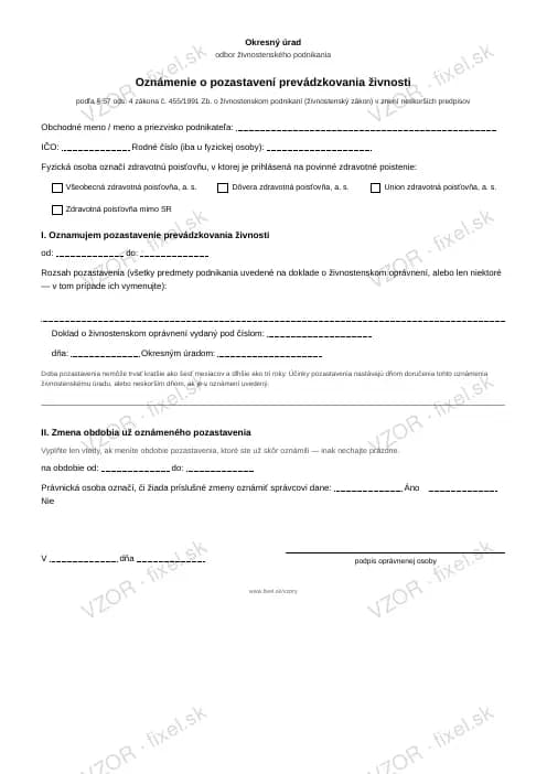Náhľad tlačiva Oznámenie o pozastavení prevádzkovania živnosti
