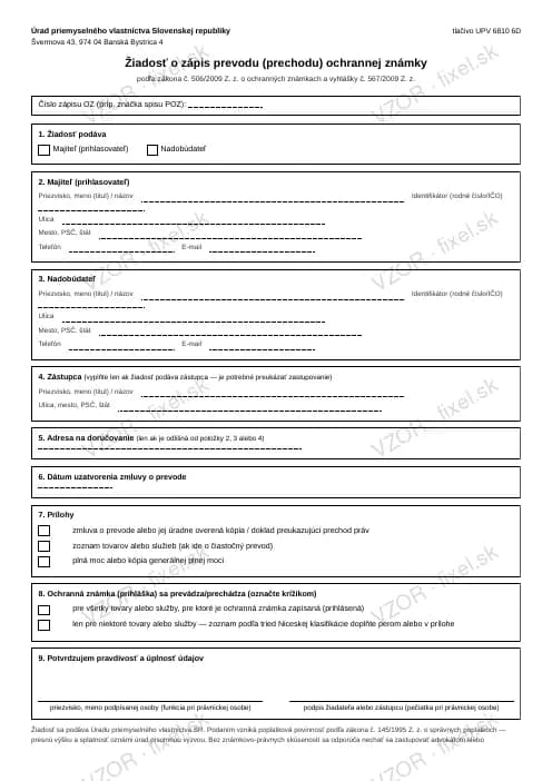 Náhľad tlačiva Žiadosť o zápis prevodu (prechodu) ochrannej známky
