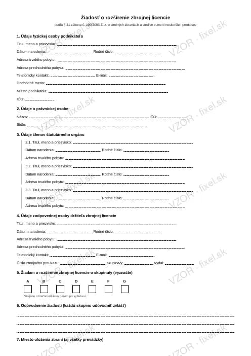 Náhľad tlačiva Žiadosť o rozšírenie zbrojnej licencie