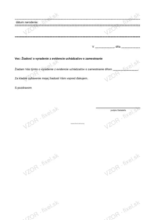 Náhľad tlačiva Žiadosť o vyradenie z evidencie uchádzačov o zamestnanie