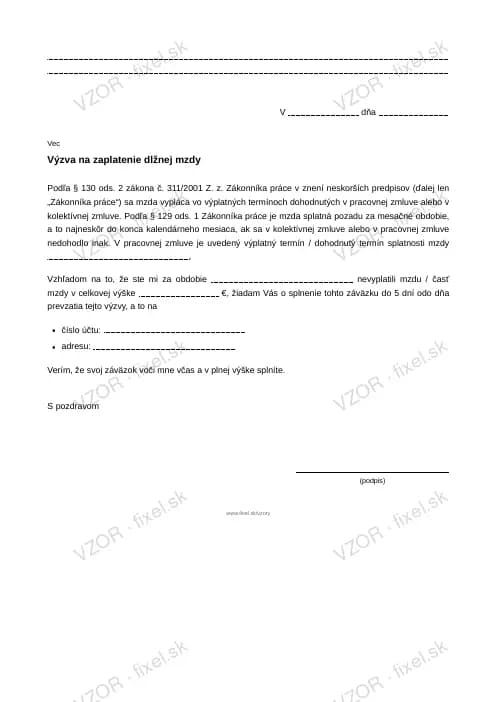 Náhľad tlačiva Výzva a predžalobná výzva na nevyplatenú mzdu