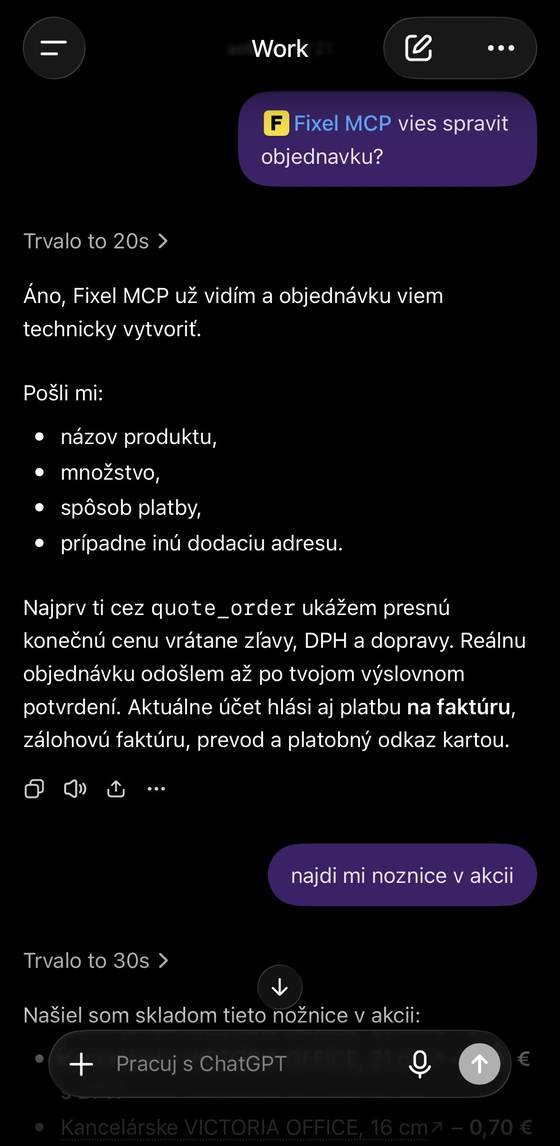 Screenshot reálnej objednávky cez ChatGPT