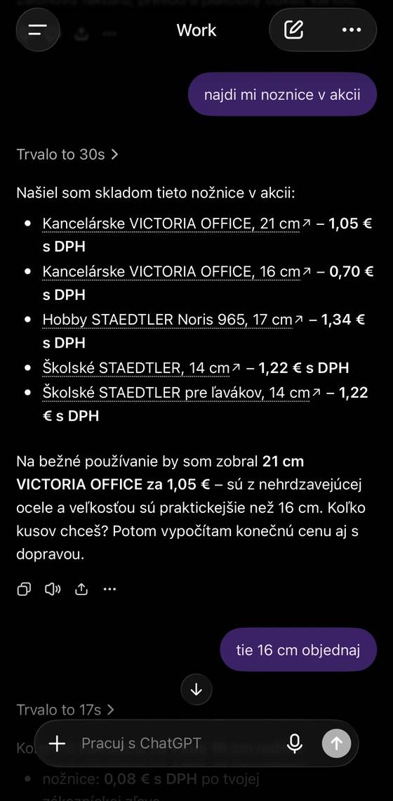Screenshot reálnej objednávky cez ChatGPT