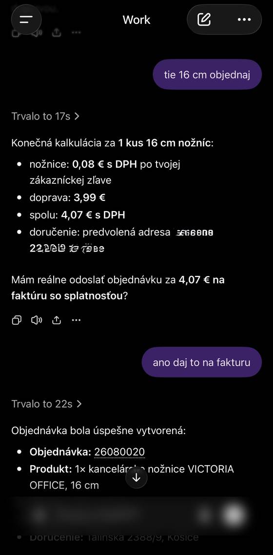 Screenshot reálnej objednávky cez ChatGPT