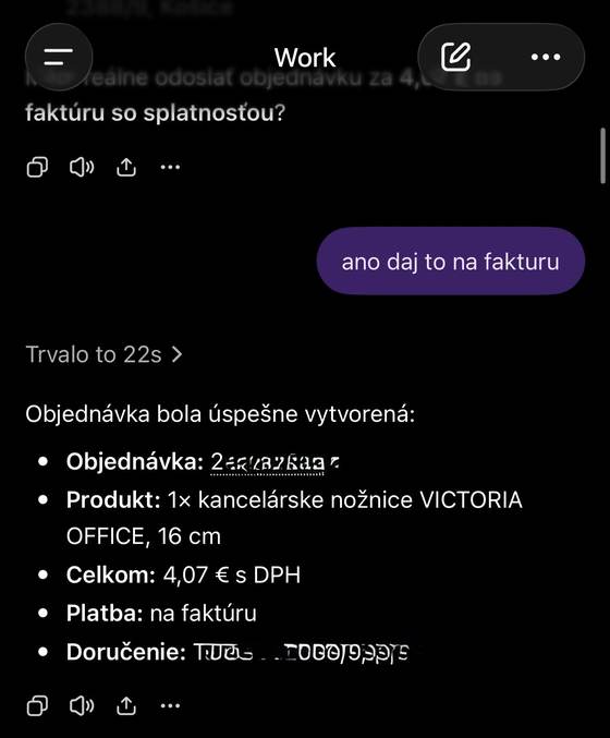 Screenshot reálnej objednávky cez ChatGPT
