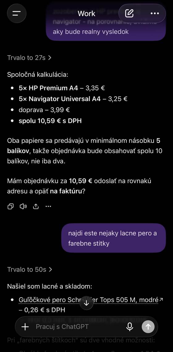 Screenshot reálnej objednávky cez ChatGPT