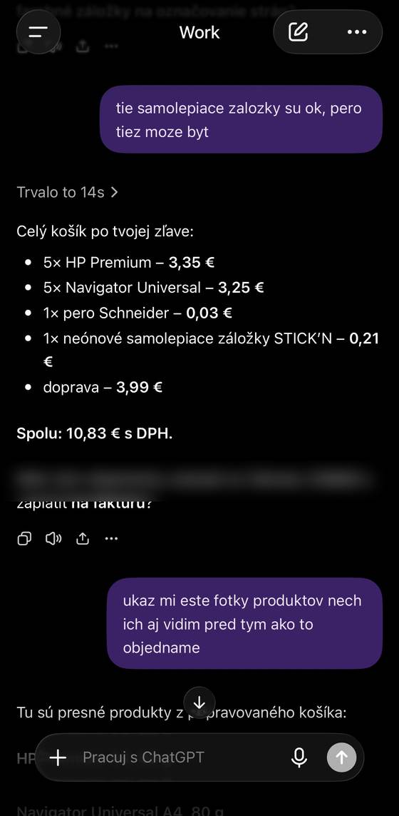 Screenshot reálnej objednávky cez ChatGPT
