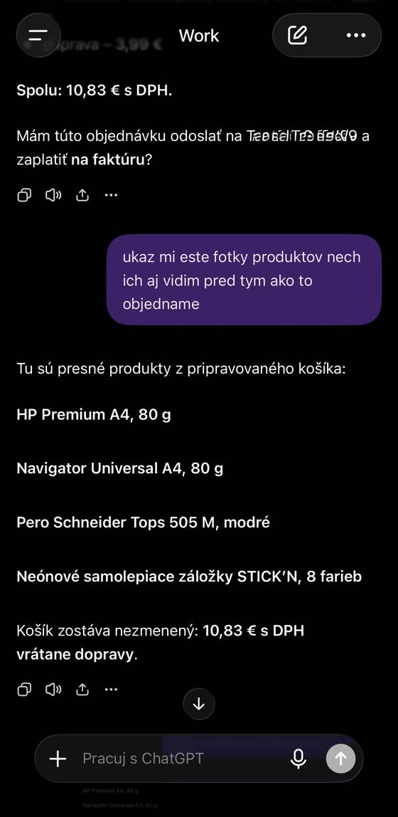 Screenshot reálnej objednávky cez ChatGPT