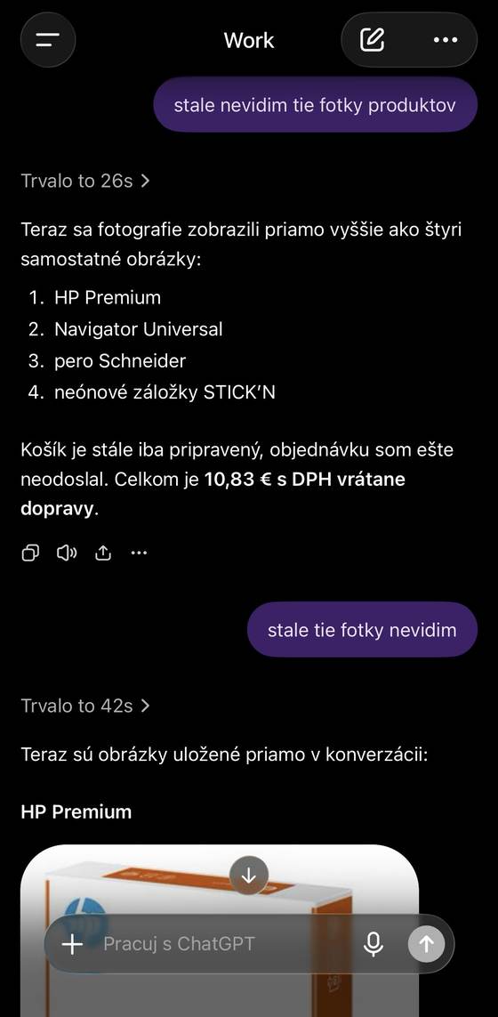 Screenshot reálnej objednávky cez ChatGPT