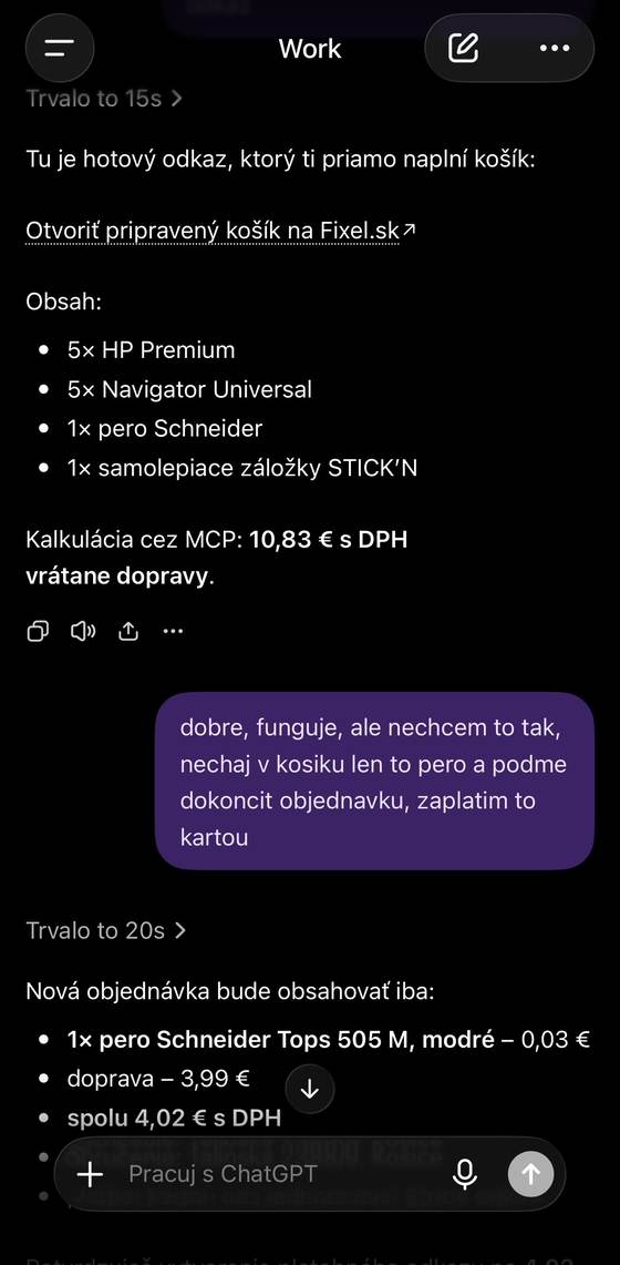 Screenshot reálnej objednávky cez ChatGPT