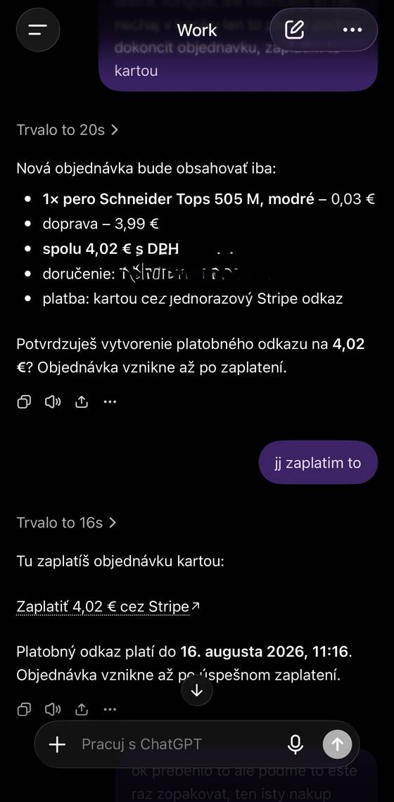 Screenshot reálnej objednávky cez ChatGPT