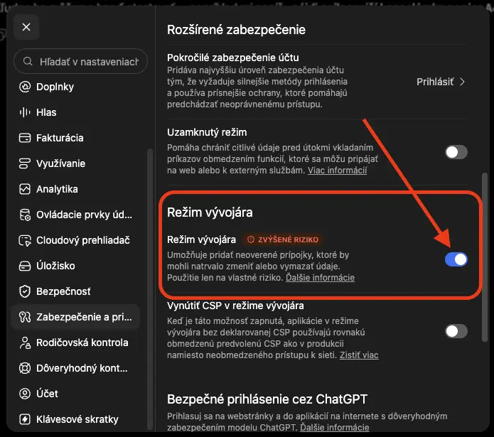 ChatGPT — Rozšírené zabezpečenie, zapnutie Režimu vývojára