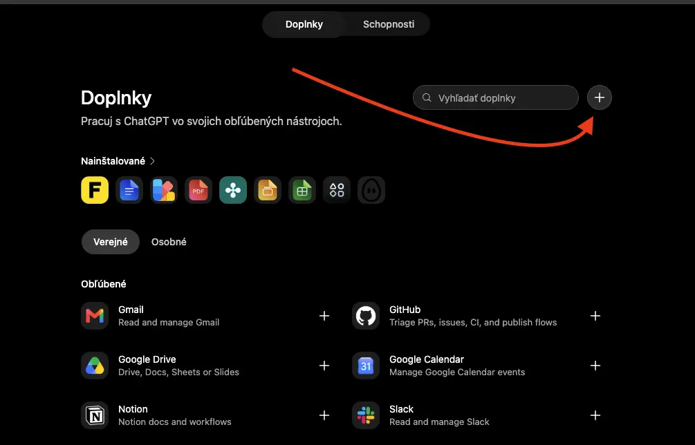 Doplnky na chatgpt.com/plugins — tlačidlo + vpravo hore