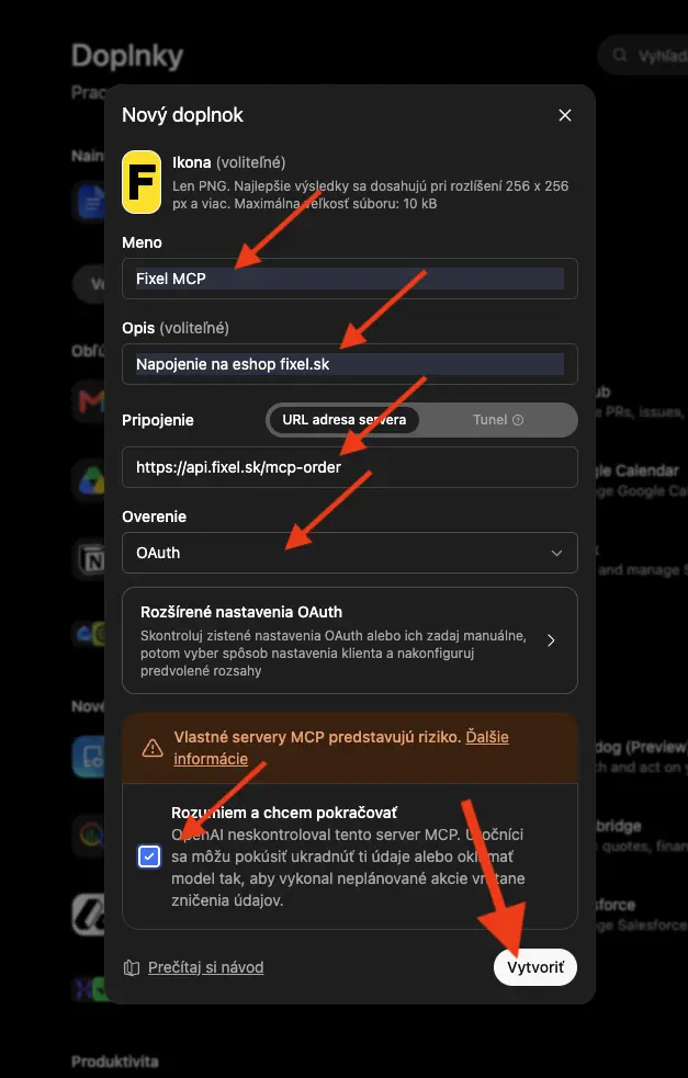 Nový doplnok — meno Fixel MCP, adresa https://api.fixel.sk/mcp-order, overenie OAuth