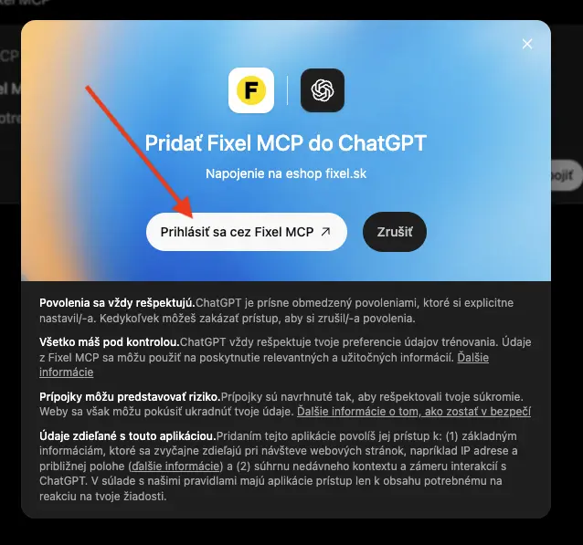 Pridať Fixel MCP do ChatGPT — Prihlásiť sa cez Fixel MCP