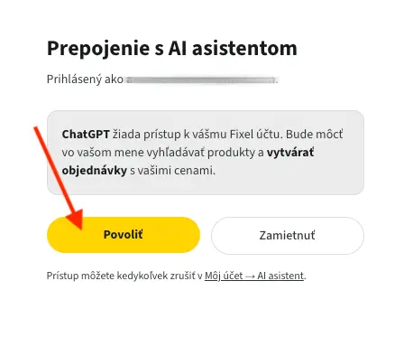 Prepojenie s AI asistentom — potvrdenie tlačidlom Povoliť
