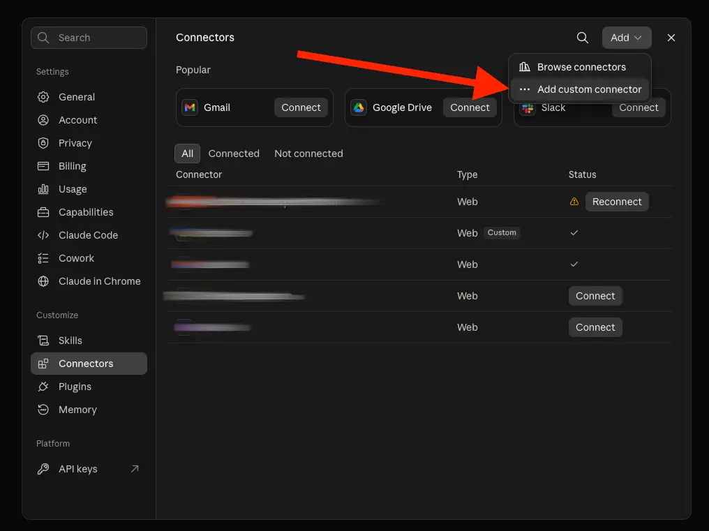 Claude Connectors — Add → Add custom connector