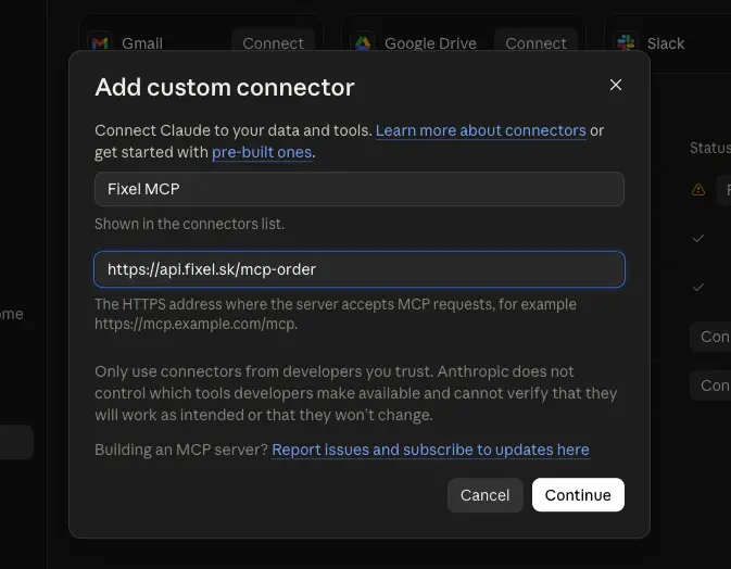 Add custom connector — meno Fixel MCP a adresa https://api.fixel.sk/mcp-order