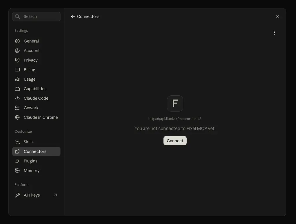 Fixel MCP pridaný, tlačidlo Connect