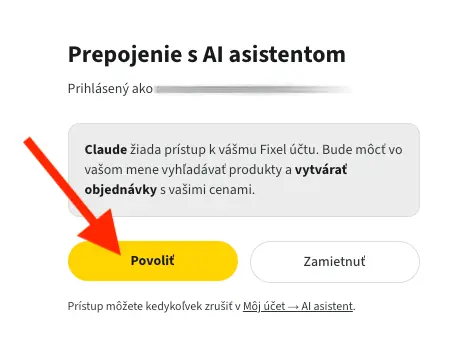 Prepojenie s AI asistentom — potvrdenie tlačidlom Povoliť