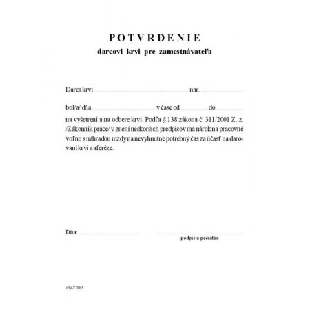 Potvrdenie darcovi krvi A5