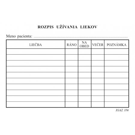 Rozpis užívania liekov A6 karta