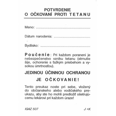 Potvrdenie o očkovaní proti TETANU A7