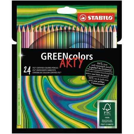 Farebné ceruzky, sada, šesťhranný tvar, STABILO "GreenColors ARTY", 24 rôznych farieb