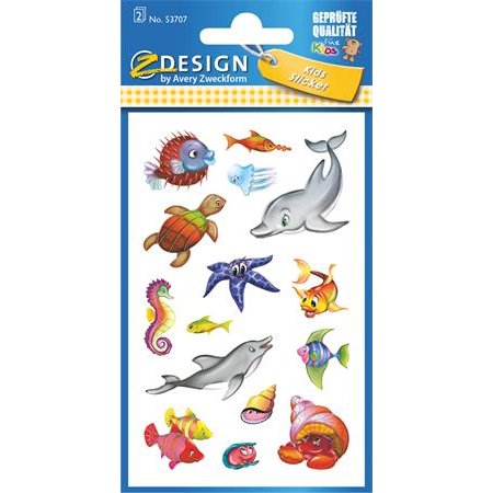 Nálepky, papier, 2 hárky, 76x120 mm, AVERY ZWECKFORM, "Z-Design No.53707", trblietavé morské zvieratá