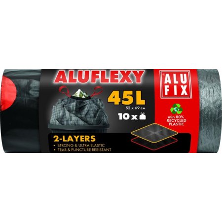 Vrecia na odpadky, zaťahovacie, dvojvrstvové, 45 l, 10 ks, 52x69 cm, 28 µ, ALUFIX "Aluflexy"