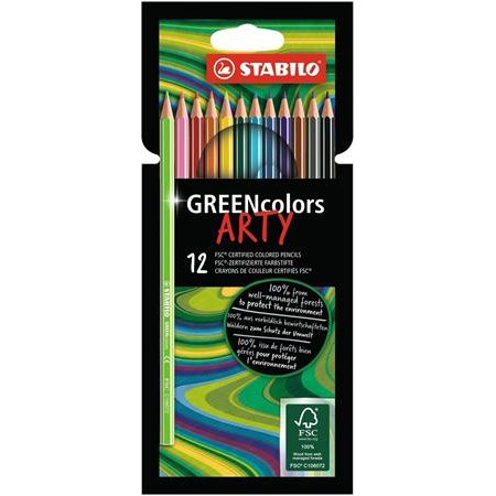 Farebné ceruzky, sada, šesťhranný tvar, STABILO "GreenColors ARTY", 12 rôznych farieb