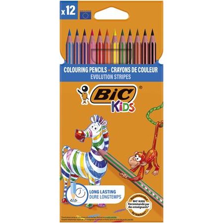 Farebné ceruzky, sada, BIC KIDS "Evolution Stripes", 12 rôznych farieb