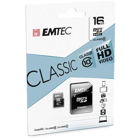 Pamäťová karta, microSDHC, 16GB, CL10, 20/12 MB/s, adaptér, EMTEC "Classic"