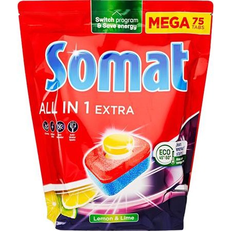 Tablety do umývačky riadu, 75 ks, SOMAT „All in 1 Extra“, Citrón & Limetka