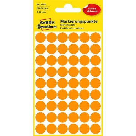 Etikety, okrúhle, priemer: 12 mm, AVERY ZWECKFORM, neónovo oranžové, 270 etikiet/bal