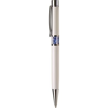 Guľôčkové pero, Crystals from SWAROVSKI®, biele, so zafírovo modrými krištáľmi v strede tela, 14cm