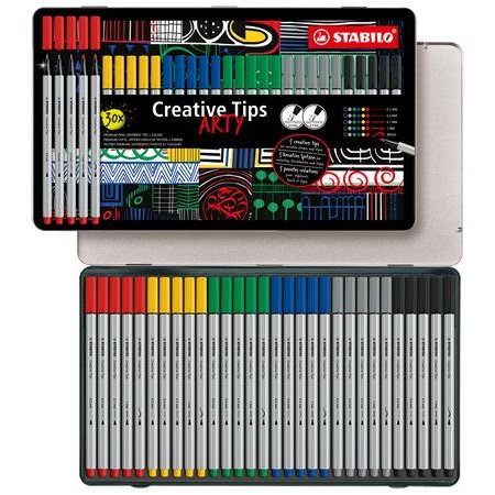 Liner, sada, v kovovej krabičke, STABILO "Creative Tips ARTY", 6 rôznych farieb, 5 rôznych hrúbok
