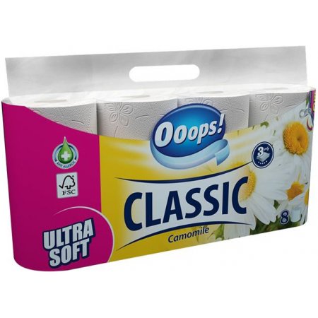 Toaletný papier, 3-vrstvový, malý kotúč, 8 kotúčov, OOOPS "Classic", kamilka