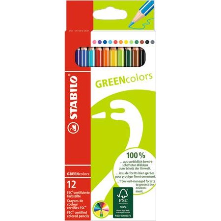Farebné ceruzky, sada, šesťhranné, STABILO "GreenColors", 12 rôznych farieb